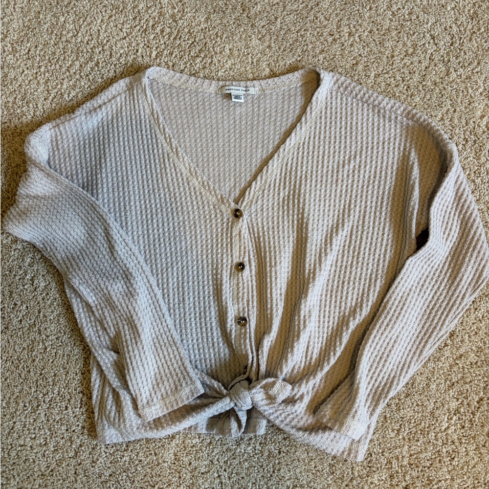 American Eagle Outfitters Beige Knit V-Neck Button Front Sweater